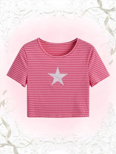 Striped & Star Print Crop Tee