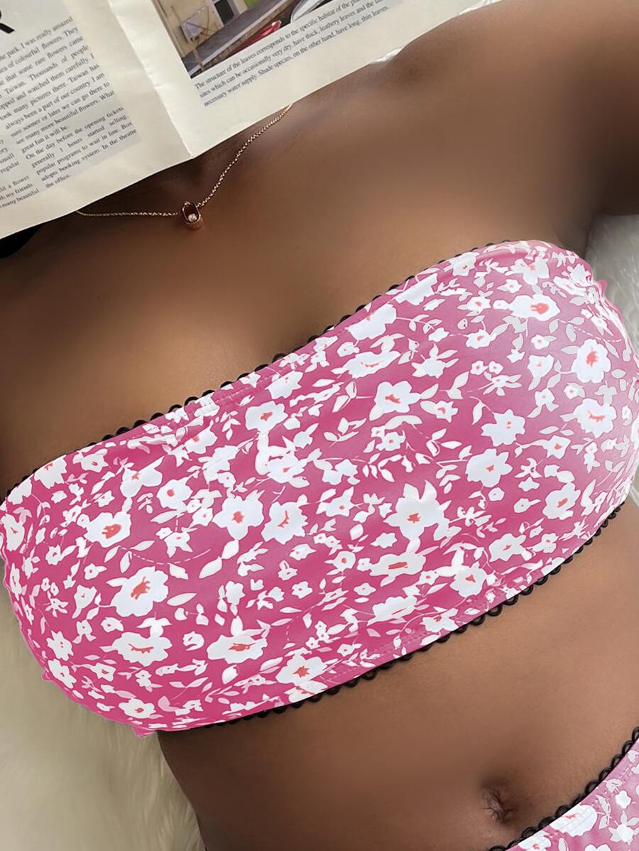 SHEIN Swim Curve Top bikini bandeau con estampado floral - Rosa - Ver 1