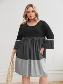 SHEIN Plus Colourblock Contrast Lace Flounce Sleeve Smock Dress - Multicolor - View 1