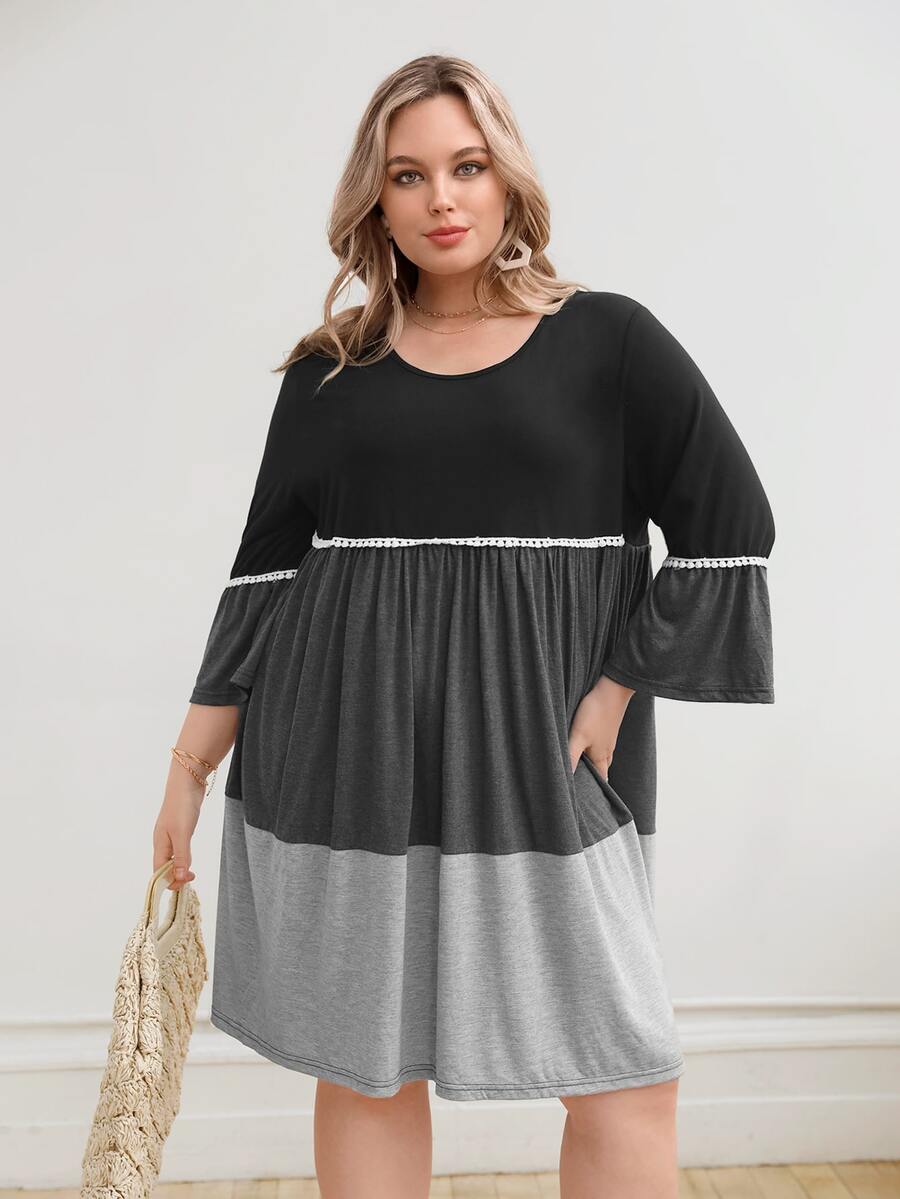 SHEIN Plus Colourblock Contrast Lace Flounce Sleeve Smock Dress - Multicolor - View 1