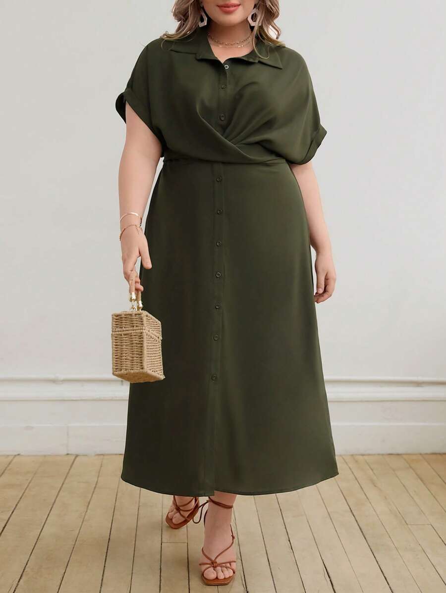 SHEIN Unity Đầm Plus Size Nút xoắn lại Nút phía trước màu trơn Giải trí - Màu xanh lá cây đậm - Xem 1