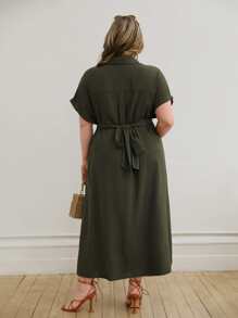 SHEIN Unity Đầm Plus Size Nút xoắn lại Nút phía trước màu trơn Giải trí - Màu xanh lá cây đậm - Xem 2