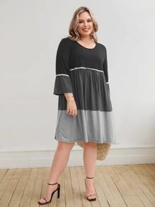 SHEIN Plus Colourblock Contrast Lace Flounce Sleeve Smock Dress - Multicolor - View 3