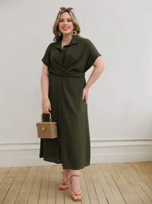 SHEIN Unity Đầm Plus Size Nút xoắn lại Nút phía trước màu trơn Giải trí - Màu xanh lá cây đậm - Xem 3