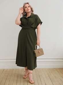SHEIN Unity Đầm Plus Size Nút xoắn lại Nút phía trước màu trơn Giải trí - Màu xanh lá cây đậm - Xem 4