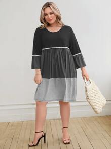 SHEIN Plus Colourblock Contrast Lace Flounce Sleeve Smock Dress - Multicolor - View 4
