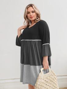SHEIN Plus Colourblock Contrast Lace Flounce Sleeve Smock Dress - Multicolor - View 5