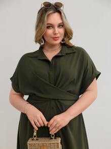 SHEIN Unity Đầm Plus Size Nút xoắn lại Nút phía trước màu trơn Giải trí - Màu xanh lá cây đậm - Xem 5