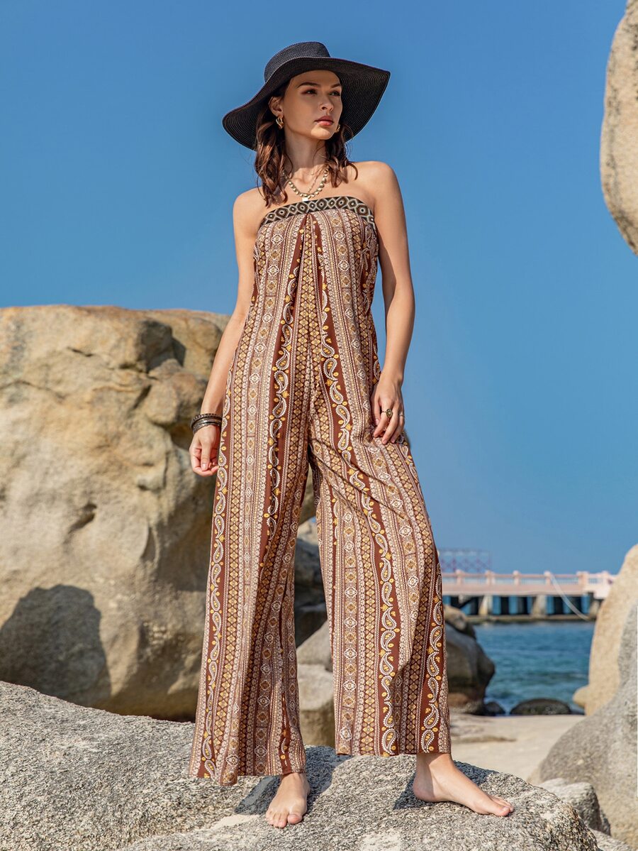 Paisley Print Wide Leg Tube Jumpsuit - Multicolor - View 1