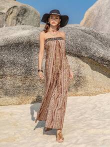 Paisley Print Wide Leg Tube Jumpsuit - Multicolor - View 4