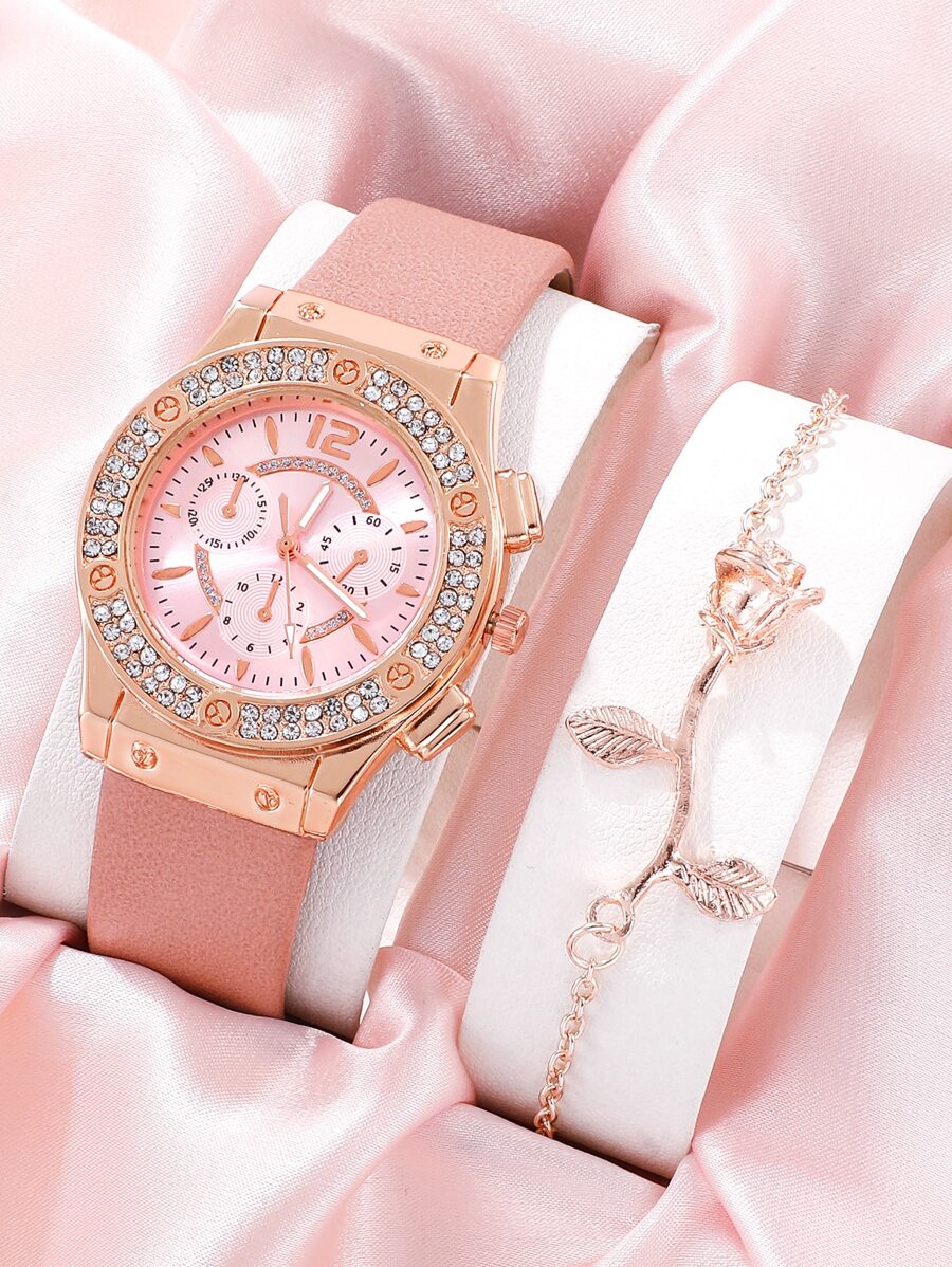 1 đồng hồ thạch anh trang trí rhinestone và 1 vòng tay - Hồng - Xem 1