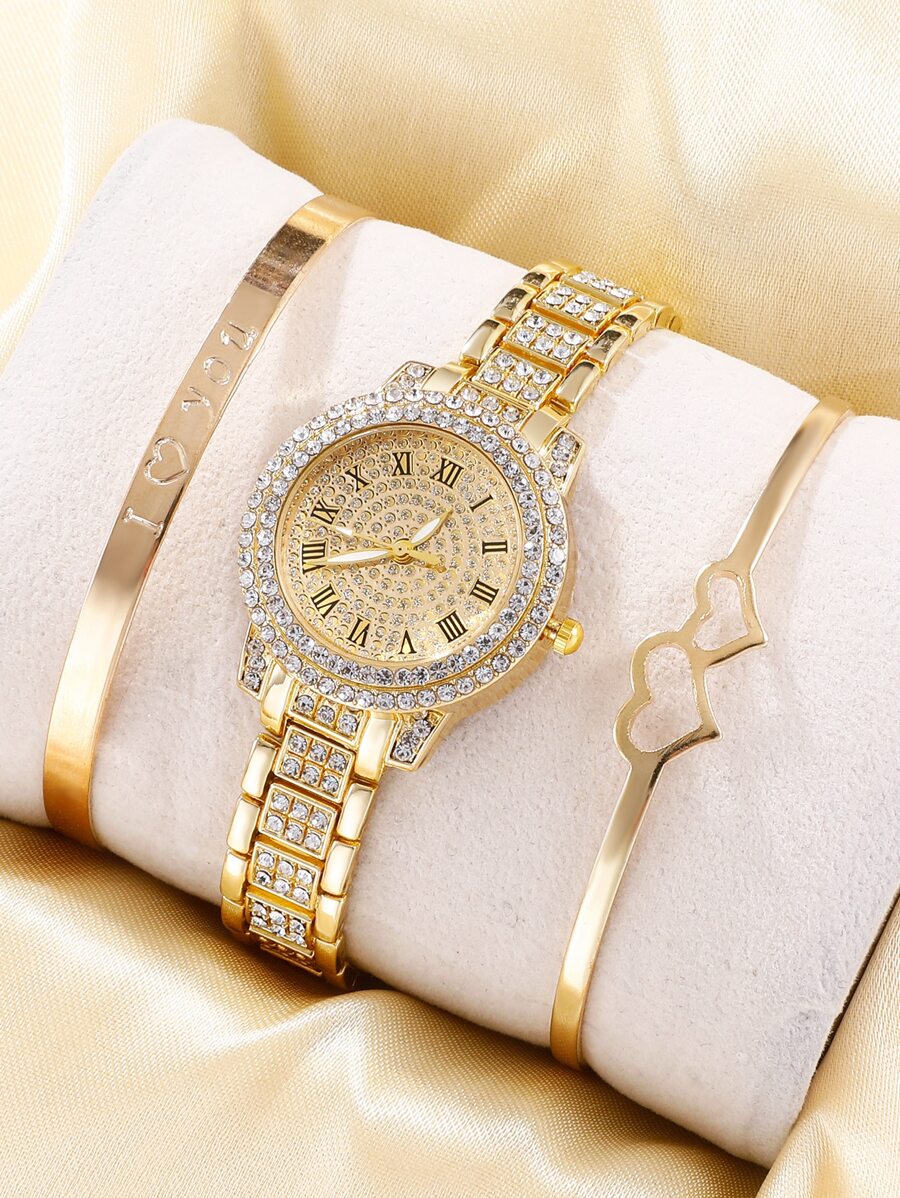 1 件水钻装饰圆形指针石英表和 2 件手链节日作为返校学生的礼物 - 金色 - 查看 1