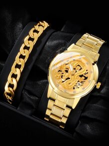 1pc Men Rhinestone Decor Quartz Watch & 1pc Bracelet