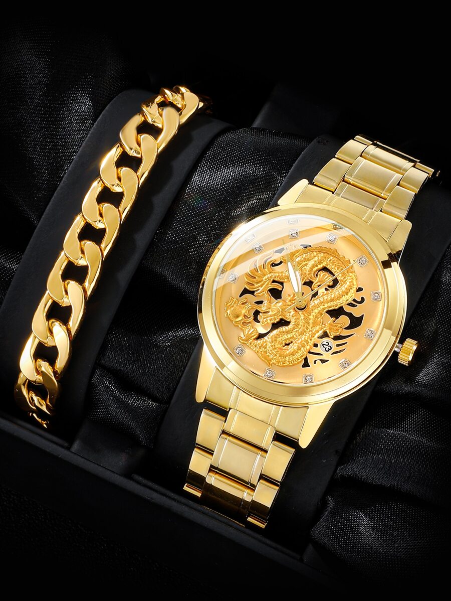 1pc Men Rhinestone Decor Quartz Watch & 1pc Bracelet