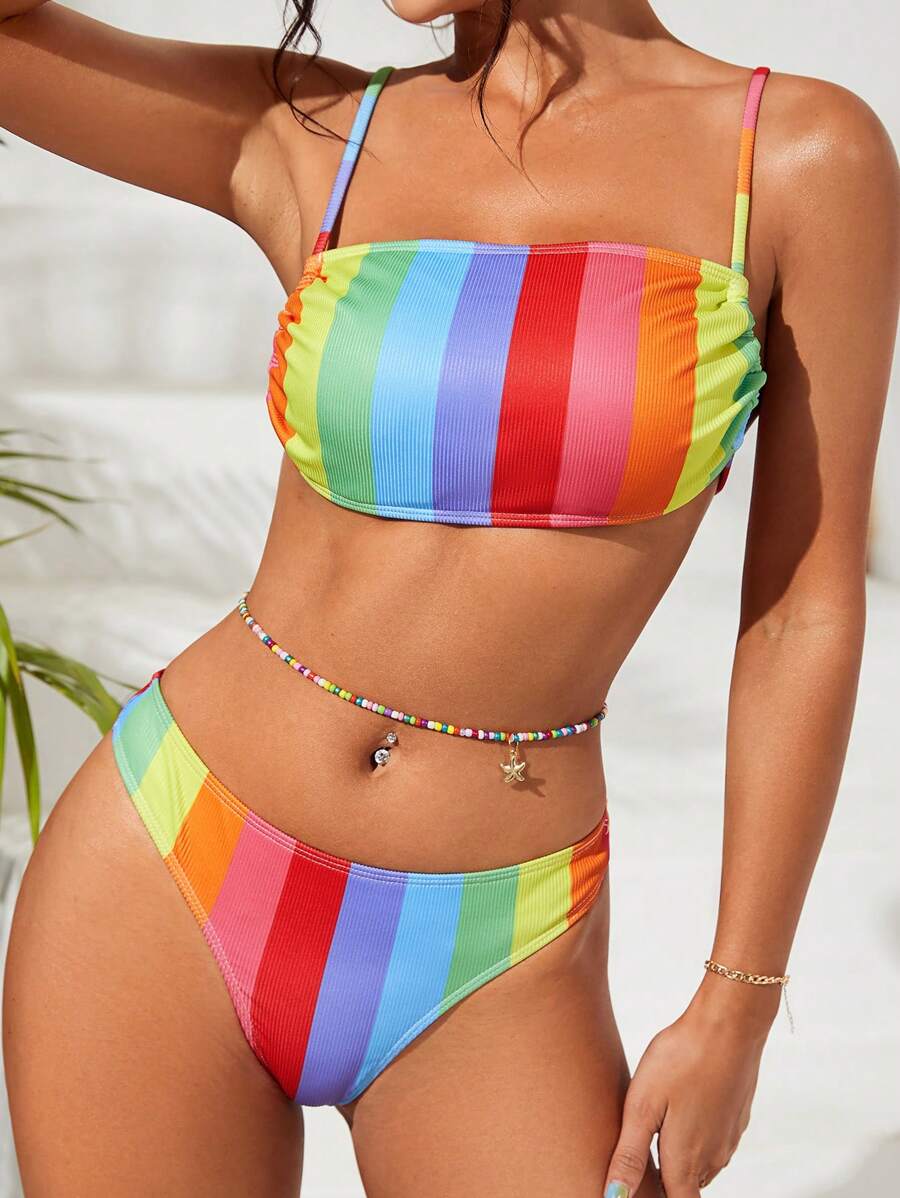 SHEIN 彩虹條紋印花比基尼泳裝 - 彩色 - 查看 1