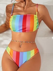 SHEIN 彩虹條紋印花比基尼泳裝 - 彩色 - 查看 3