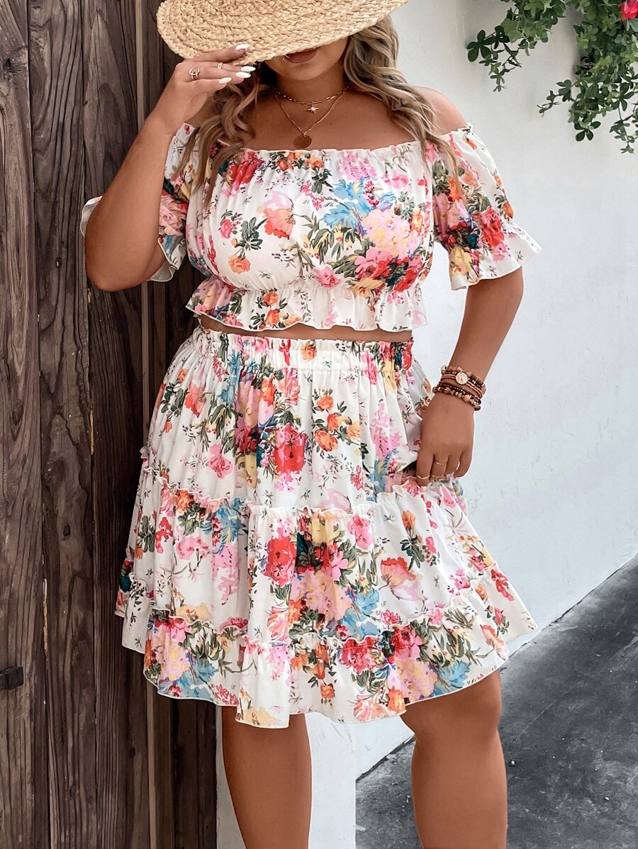 SHEIN Holidaya Plus Floral Print Off Shoulder Ruffle Trim Blouse & Skirt - Multicolor - View 1