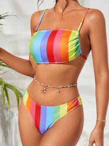 SHEIN 彩虹條紋印花比基尼泳裝 - 彩色 - 查看 5