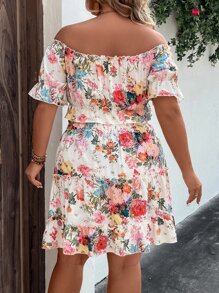SHEIN Holidaya Plus Floral Print Off Shoulder Ruffle Trim Blouse & Skirt - Multicolor - View 2