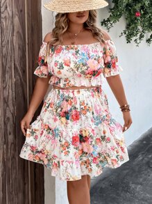 SHEIN Holidaya Plus Floral Print Off Shoulder Ruffle Trim Blouse & Skirt - Multicolor - View 5