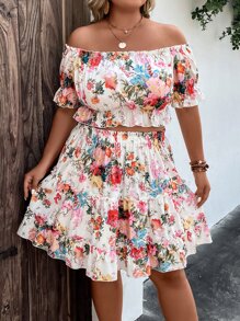 SHEIN Holidaya Plus Floral Print Off Shoulder Ruffle Trim Blouse & Skirt - Multicolor - View 6
