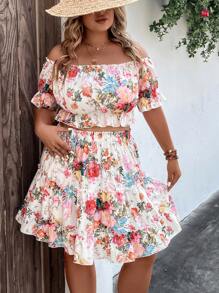 SHEIN Holidaya Plus Floral Print Off Shoulder Ruffle Trim Blouse & Skirt - Multicolor - View 7