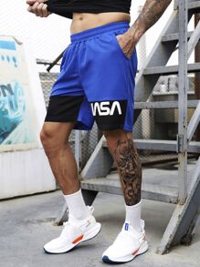 Street Sport Pantalones cortos deportivos para hombre con bolsillo en ángulo y gráfico de letras, estilo boyfriend - Multicolor - Ver 1