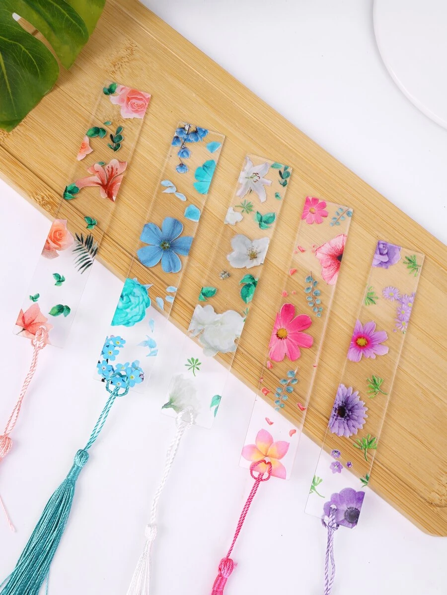 5入組/套花卉圖案流蘇裝飾書籤學生教師閱讀創意便攜式頁簽