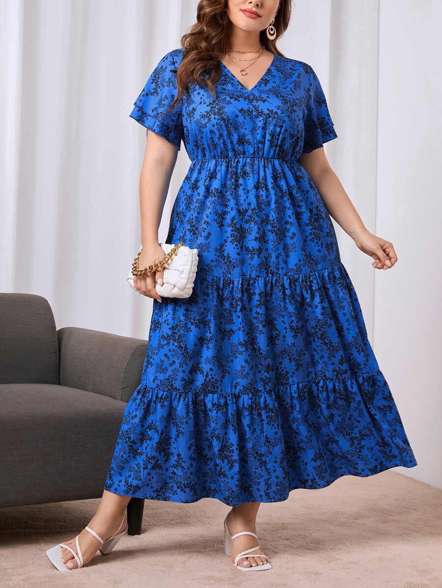 SHEIN Unity Đầm Plus Size Viên lá sen Hoa Tất cả trên in Boho - Màu xanh lam - Xem 1