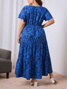 SHEIN Unity Đầm Plus Size Viên lá sen Hoa Tất cả trên in Boho - Màu xanh lam - Xem 2