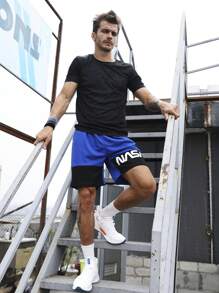 Street Sport Pantalones cortos deportivos para hombre con bolsillo en ángulo y gráfico de letras, estilo boyfriend - Multicolor - Ver 6