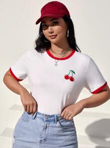 SHEIN EZwear Plus Cherry Print Contrast Binding Tee - White - View 1