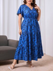 SHEIN Unity Đầm Plus Size Viên lá sen Hoa Tất cả trên in Boho - Màu xanh lam - Xem 3