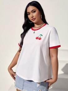 SHEIN EZwear Plus Cherry Print Contrast Binding Tee - White - View 3