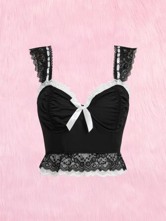 Kawaii لباس علوي دانتيل متباين اللون مزخرف بعقدة الفراشة طية صدر