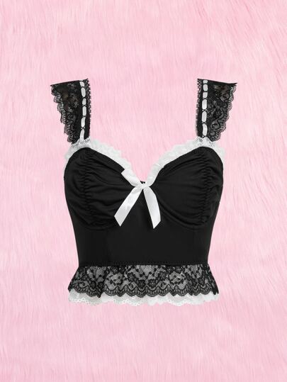 Kawaii لباس علوي دانتيل متباين اللون مزخرف بعقدة الفراشة طية صدر