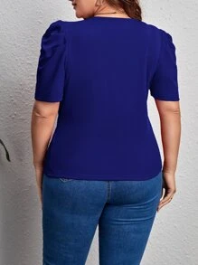 SHEIN Privé Plus Surplice Neck Puff Sleeve Tee - Royal Blue - View 2
