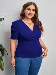 SHEIN Privé Plus Surplice Neck Puff Sleeve Tee - Royal Blue - View 3