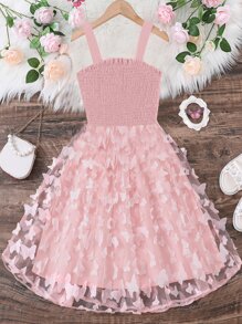 Tween Girl Butterfly & Flower Cover Soft Padded Dress, Princess Style, Bowknot And Pattern Design, Lightweight And Fashionableholiday,Summer,Travel,Getaway - Baby Pink - View 1