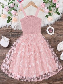 Tween Girl Butterfly & Flower Cover Soft Padded Dress, Princess Style, Bowknot And Pattern Design, Lightweight And Fashionableholiday,Summer,Travel,Getaway - Baby Pink - View 2