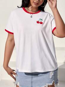 SHEIN EZwear Plus Cherry Print Contrast Binding Tee - White - View 5