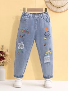 Toddler Girls Letter & Rainbow Print Ripped Frayed Jeans - Light Wash - View 1