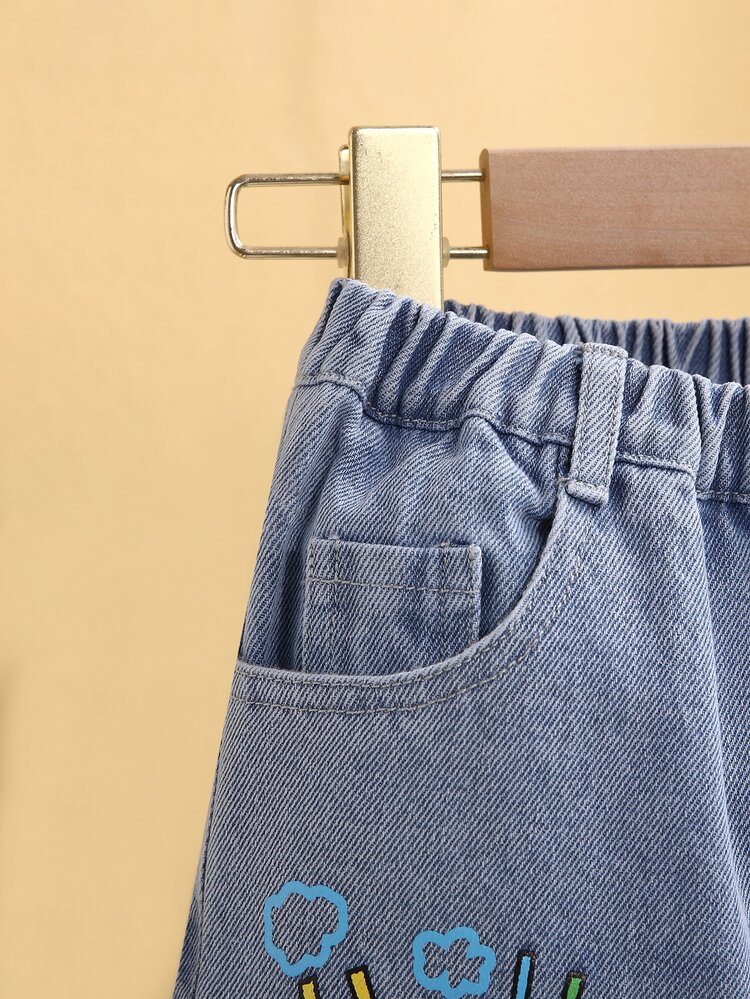 Toddler Girls Letter & Rainbow Print Ripped Frayed Jeans - Light Wash - View 3