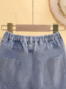 Toddler Girls Letter & Rainbow Print Ripped Frayed Jeans - Light Wash - View 4