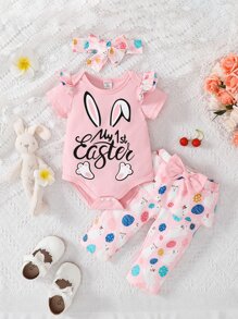 Bebé con estampado de conejo y letra ribete con fruncido Body & con lazo delantero Pantalones con banda cabeza - Rosa - Ver 1