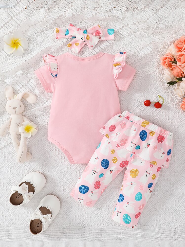 Baby Rabbit & Letter Graphic Ruffle Trim Bodysuit & Bow Front Trousers & Headband - Pink - View 2