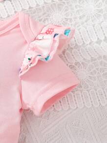 Bebé con estampado de conejo y letra ribete con fruncido Body & con lazo delantero Pantalones con banda cabeza - Rosa - Ver 3