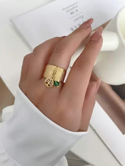 1入組時尚14K鍍金多巴胺穿著不銹鋼巴洛克風格天然石頭生命之樹裝飾用品可調開口戒指適用於女士日常穿著禮品