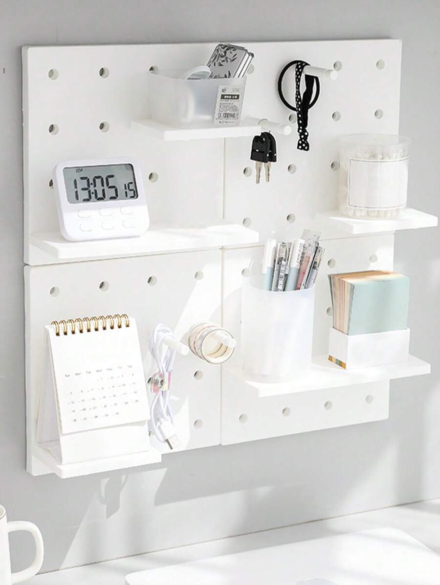 1pc Solid Color Stationery Storage Rack, Simple Self-adhesive Wall Mounted Holder For Office, School, Student - White - View 1