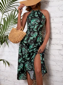 RueChic Paisley Print Split Thigh Halter Dress - Black - View 1